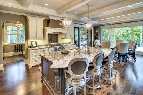 Bianco Antico Granite with Custom Made Backsplash and Walnut Flooring in Two Tone Cabinets Kitchen Bianco Antico Granite Countertops